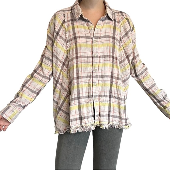 Free People Oversized Flannel Shirt Plaid Pastel Cotton Boho Flowy Size Medium - Picture 1 of 7